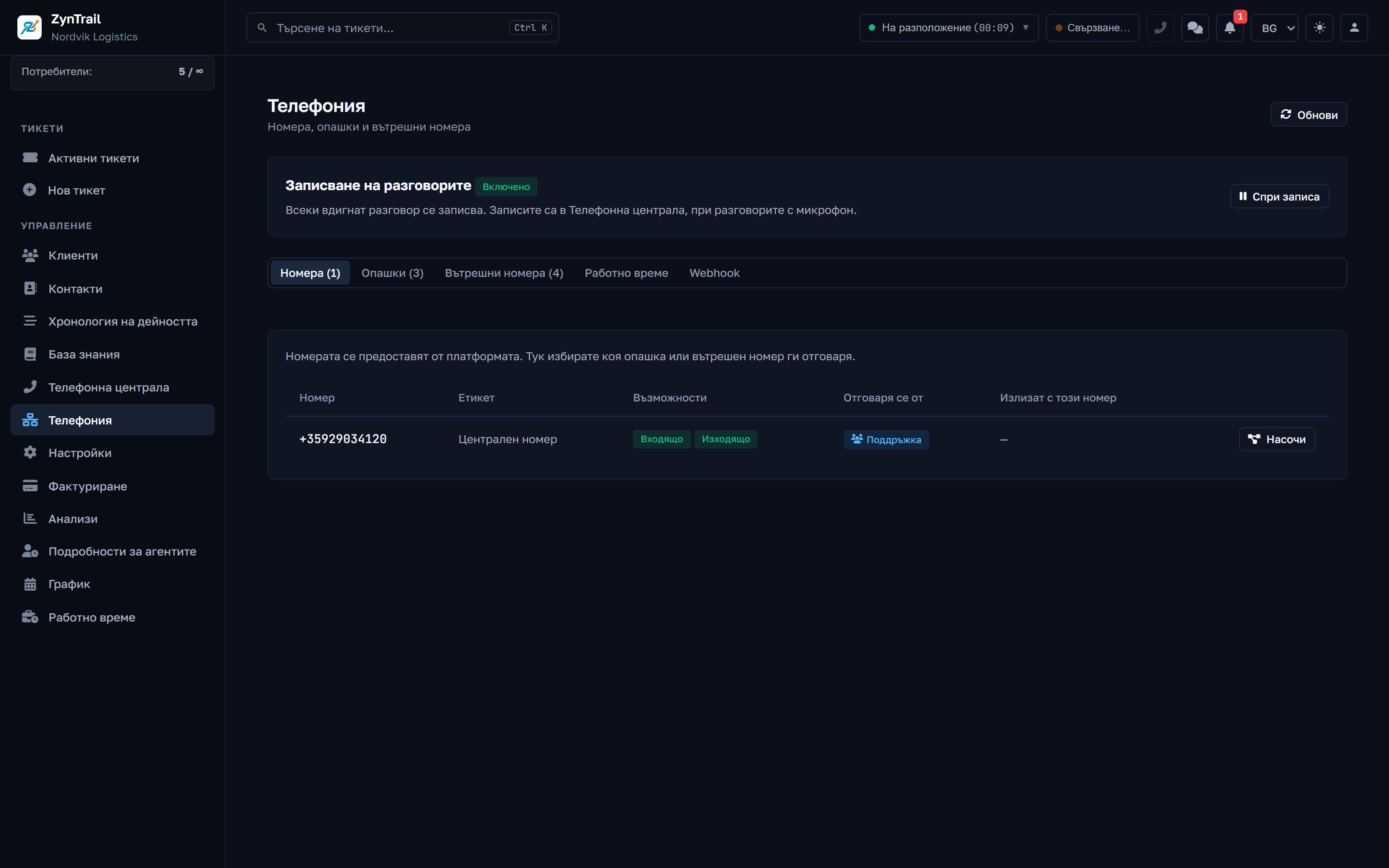 Телефония, таб Номера