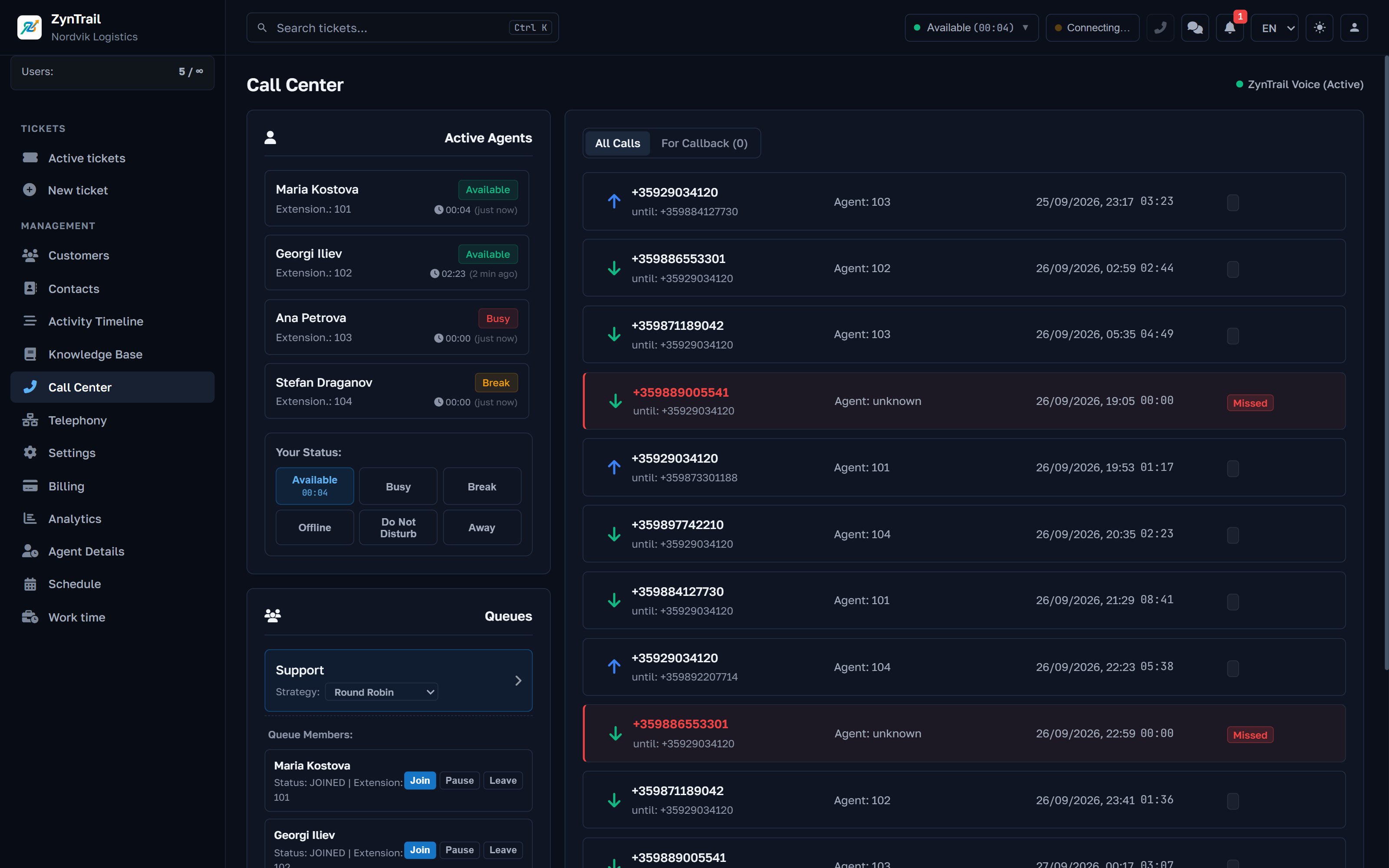 Call centre: active agents, queues and the list of calls